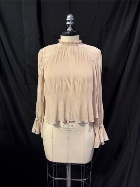 Zara Pleated High-Neck Long-Sleeve Top in Light Beige